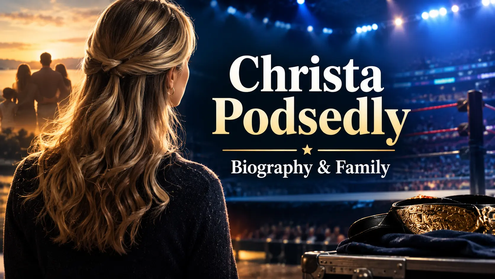Christa Podsedly biography and family feature image with a wrestling arena and championship belt in the background.