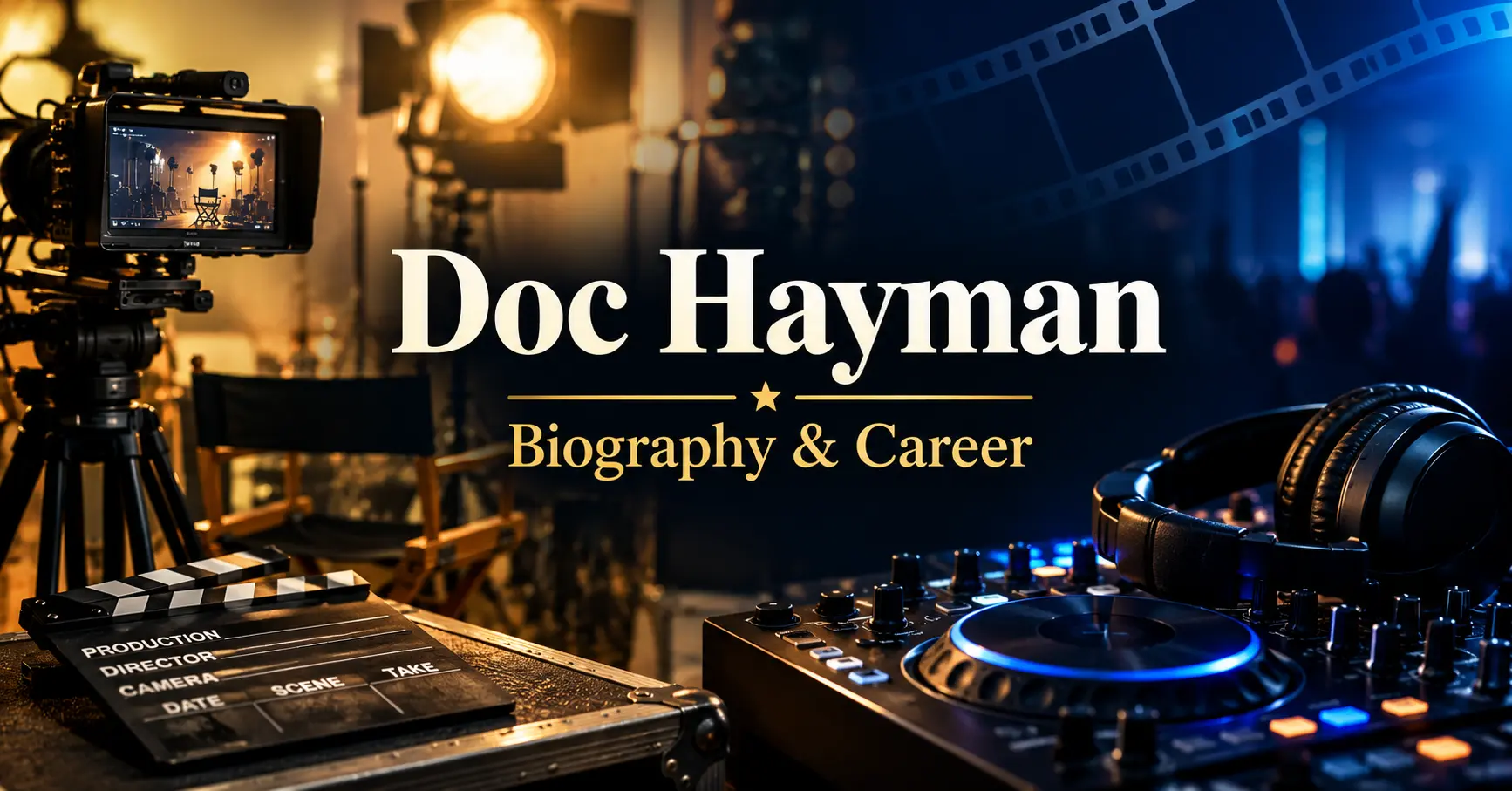 Doc Hayman biography and career feature image with a film camera, clapperboard, headphones, and DJ equipment.