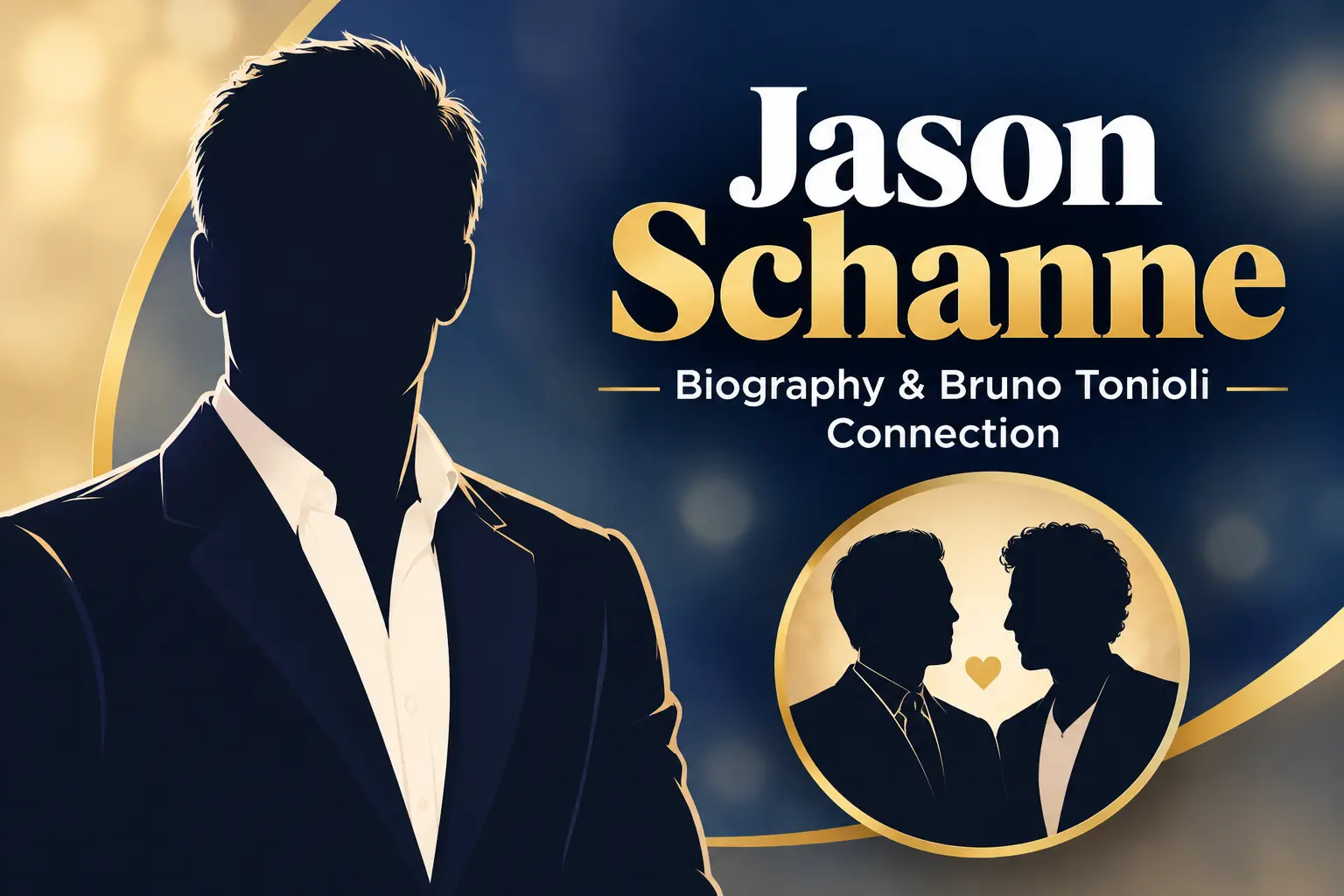 Jason Schanne biography graphic featuring a suited silhouette and two male silhouettes with the text “Biography & Bruno Tonioli Connection.”