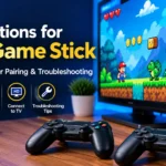 Instructions for LCF Game Stick featuring a TV gaming setup, game stick device, and wireless controllers.