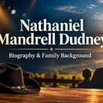 Nathaniel Mandrell Dudney biography and family background feature image with a vintage microphone, acoustic guitar, and sunset scenery.