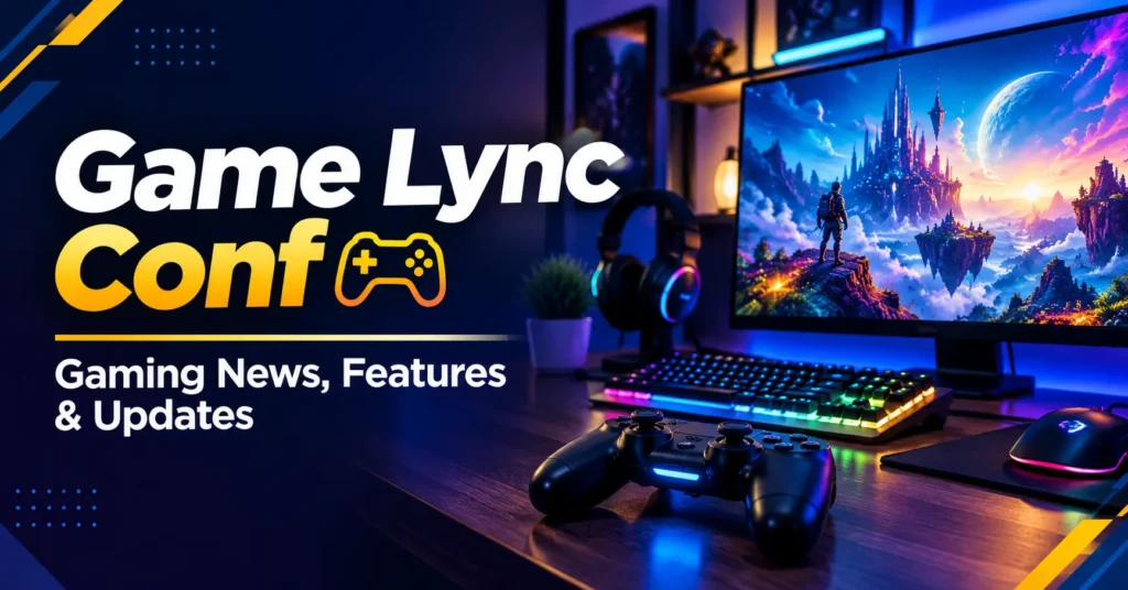 Game Lync Conf gaming banner featuring an RGB gaming setup, controller, keyboard, and monitor.