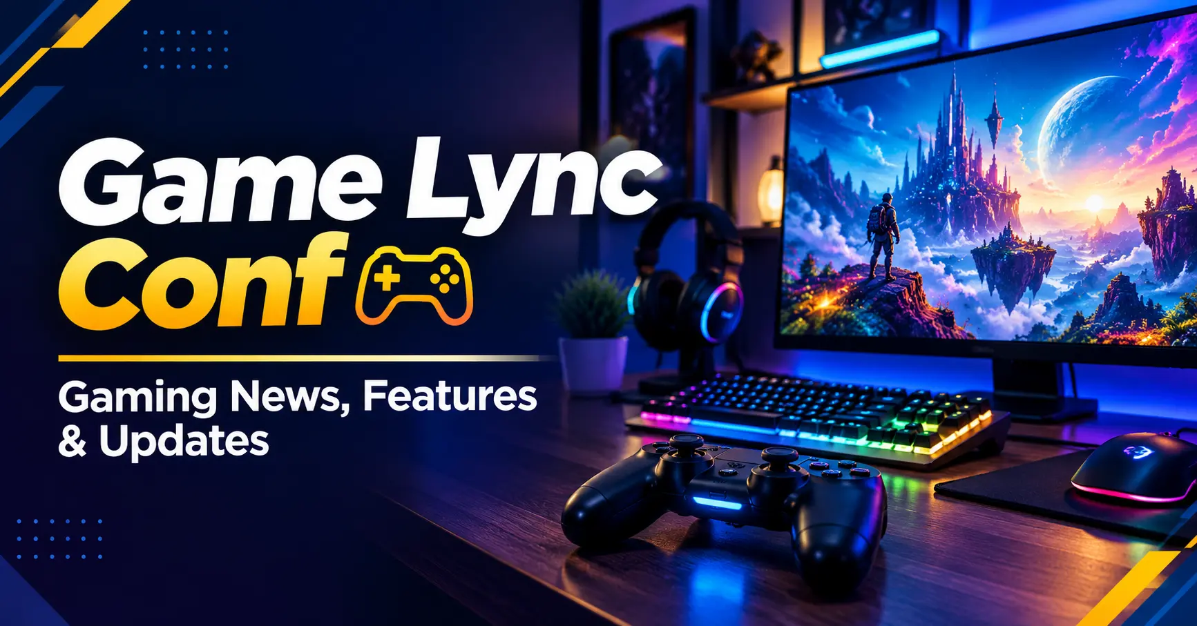 Game Lync Conf gaming banner featuring an RGB gaming setup, controller, keyboard, and monitor.