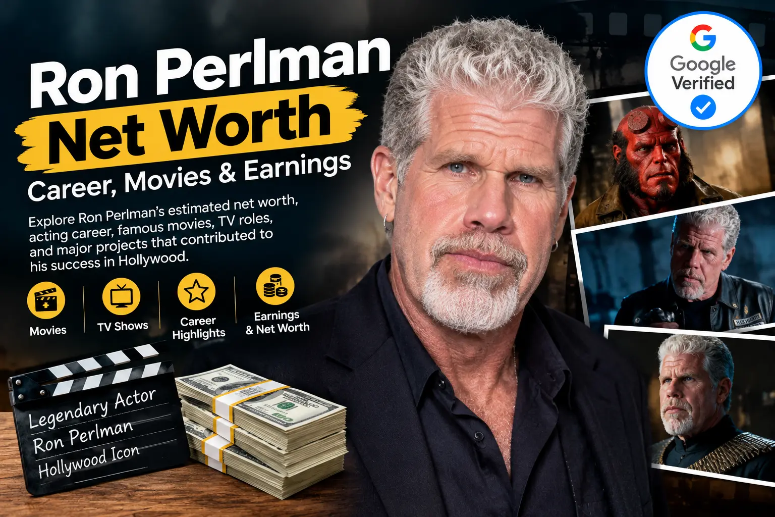 Ron Perlman net worth feature image highlighting his acting career, famous movie roles, television appearances, and estimated earnings.