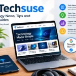 Techsuse technology website displayed on a laptop and smartphone with technology news, digital guides, and tech tips.