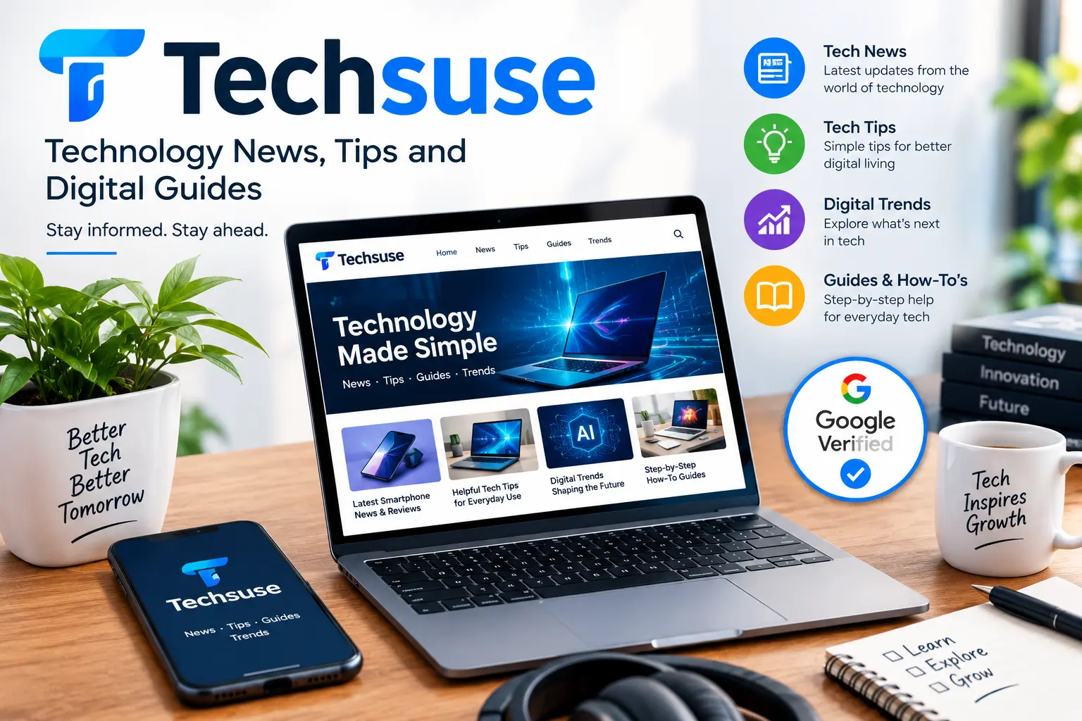 Techsuse technology website displayed on a laptop and smartphone with technology news, digital guides, and tech tips.